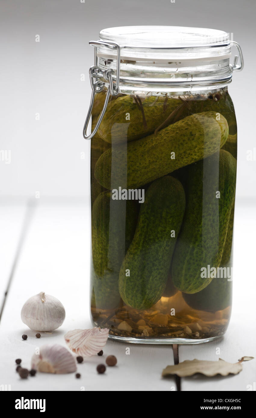 Jar with pickled gherkins Stock Photo Alamy