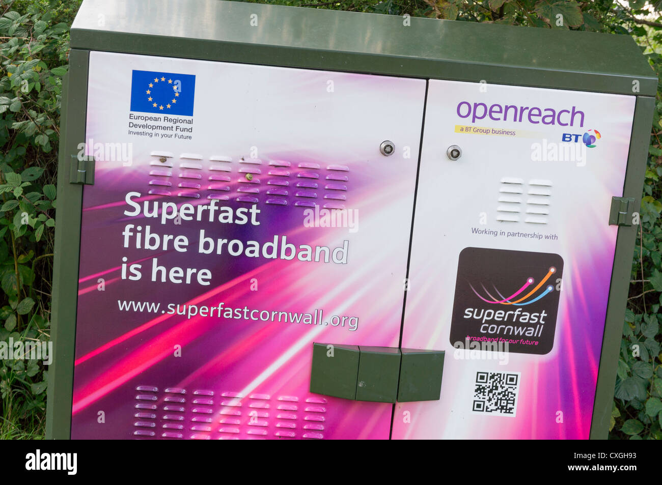 Openreach BT Superfast Broadband sign on a telephone junction cupboard. Stock Photo