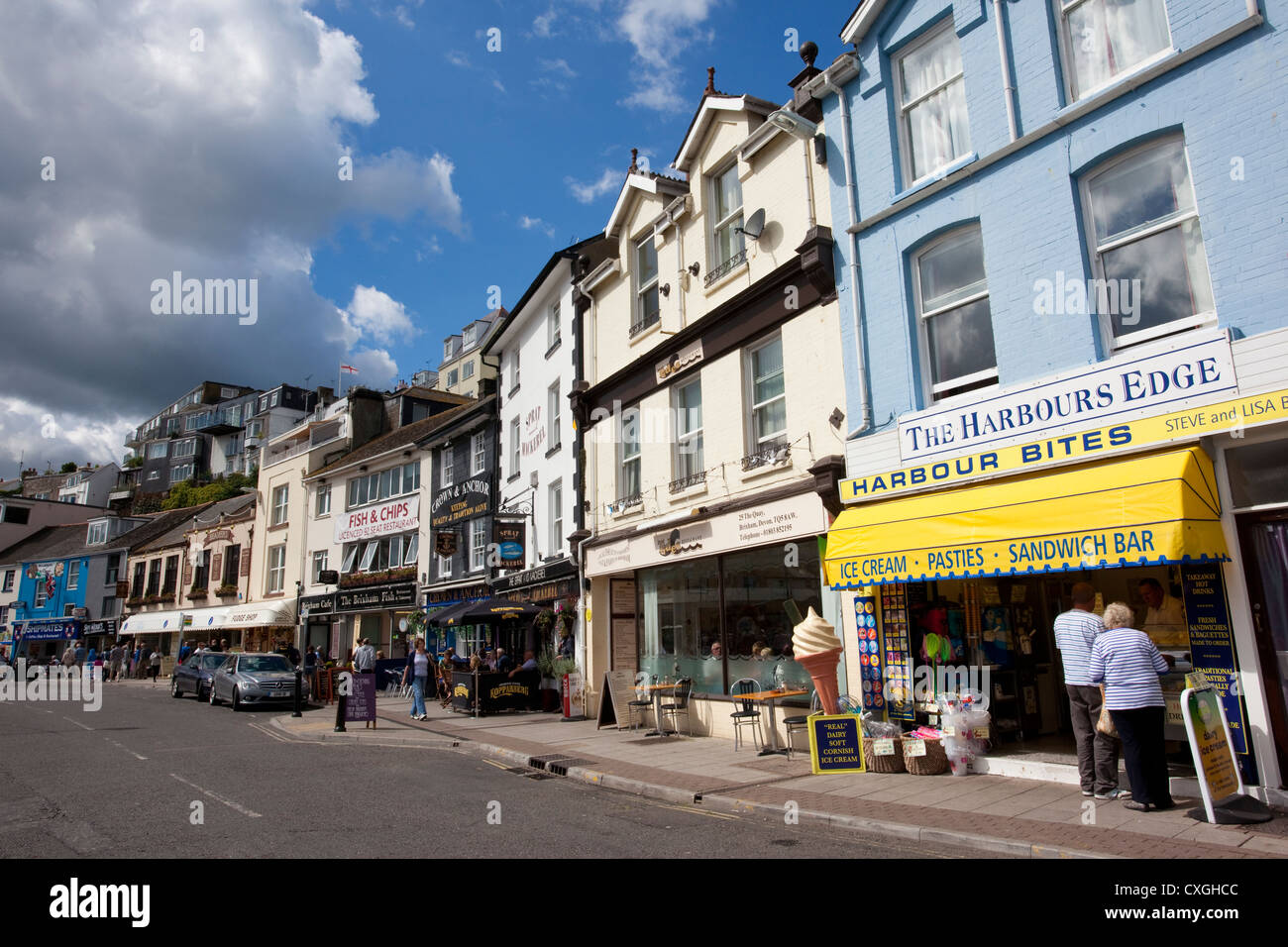 Brixham waterfront shops, South Devon, England, United Kingdom Stock