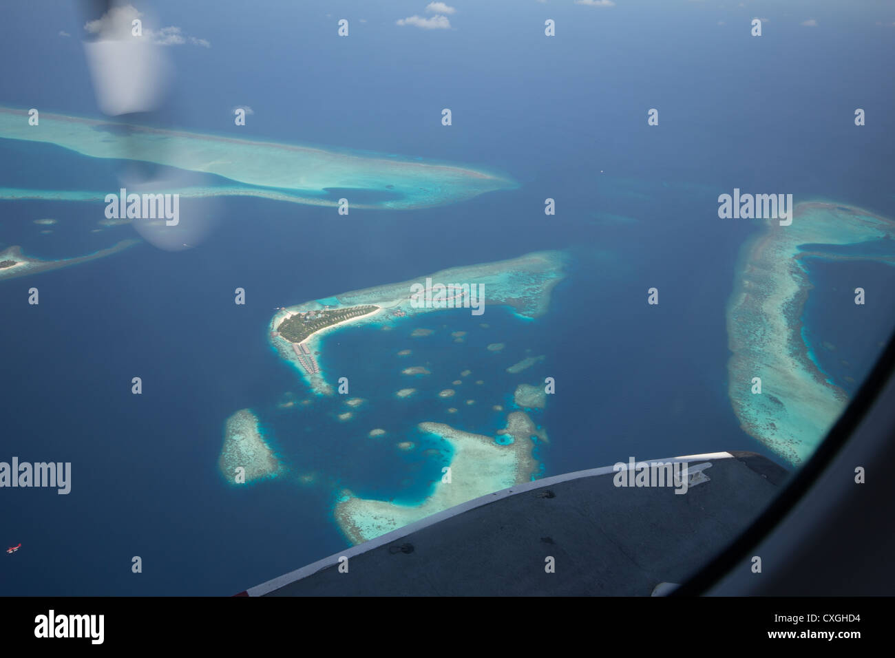 Viewing the resort from seaplane - Maldives - Stock Image