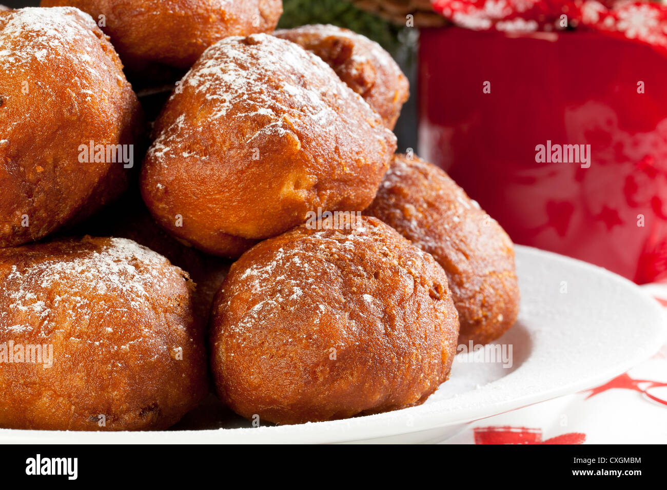 Oliebollen, similar to doughnut holes, a tradition sweet treat in the Netherlands around Christmas Stock Photo