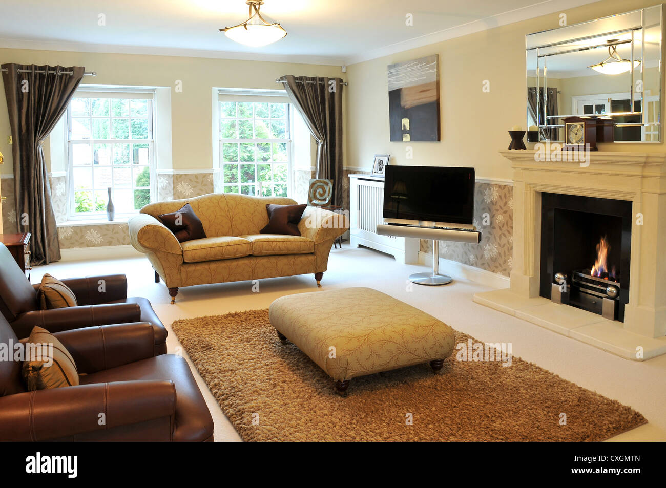 The interior designed lounge of a luxury house with sofas, TV fireplace ...
