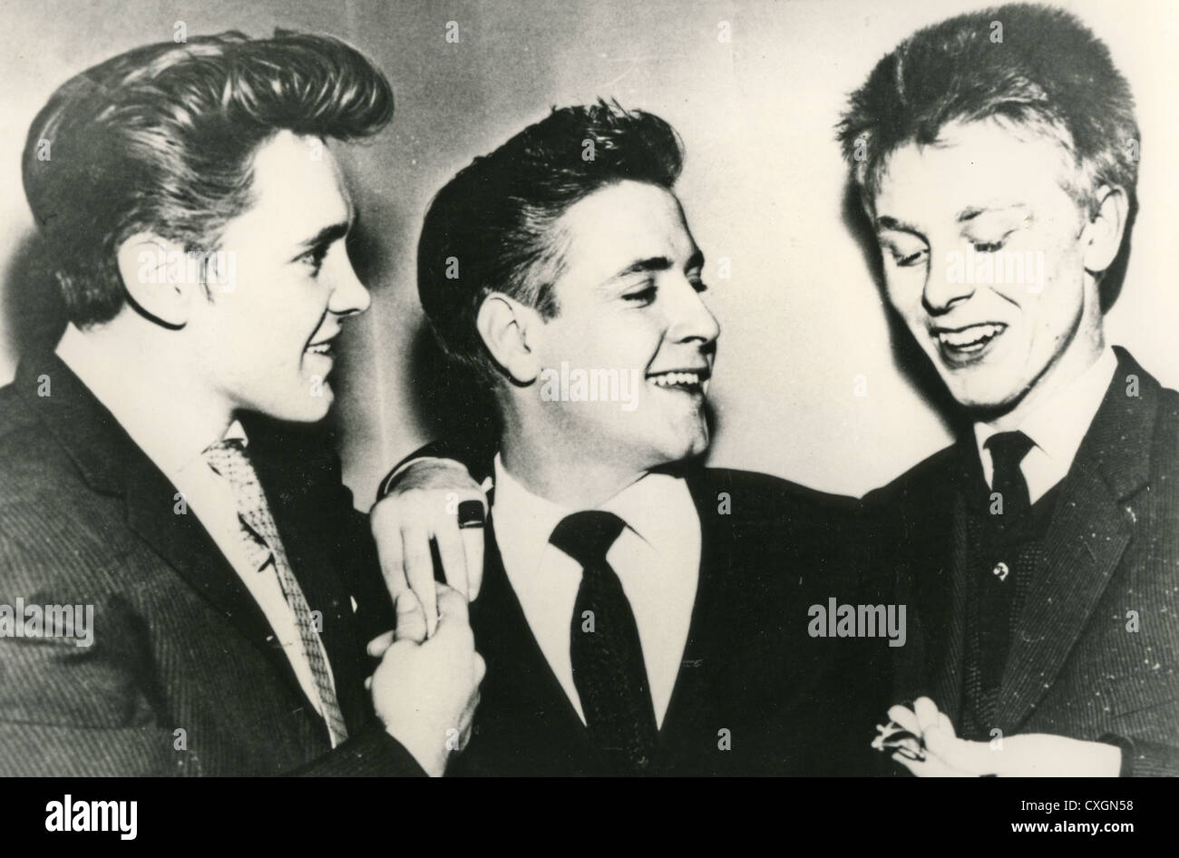 EDDIE COCHRAN (1938-1960) US rock 'n' roll musician centre with Billy Fury at left and Joe Brown on UK TV show in 1960 Stock Photo