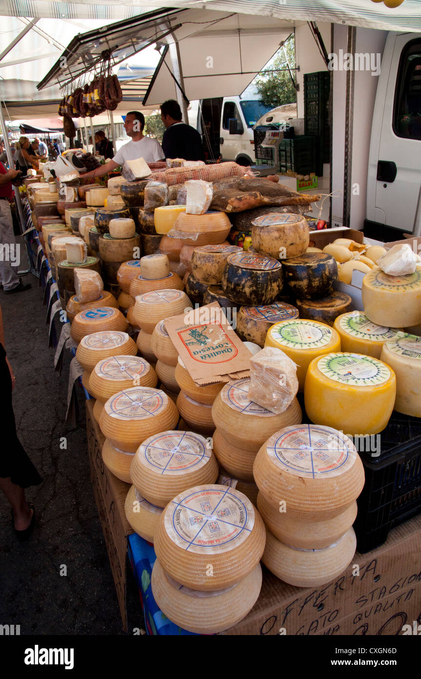 Cheese stall at a farmers market in Alghero Sardinia Stock Photo