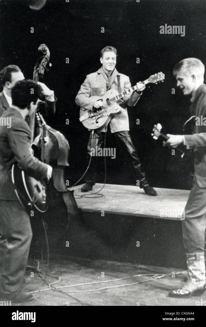 EDDIE COCHRAN (1938-1960) US rock 'n' roll musician with Joe Brown at right on a UK TV show in 1960 Stock Photo