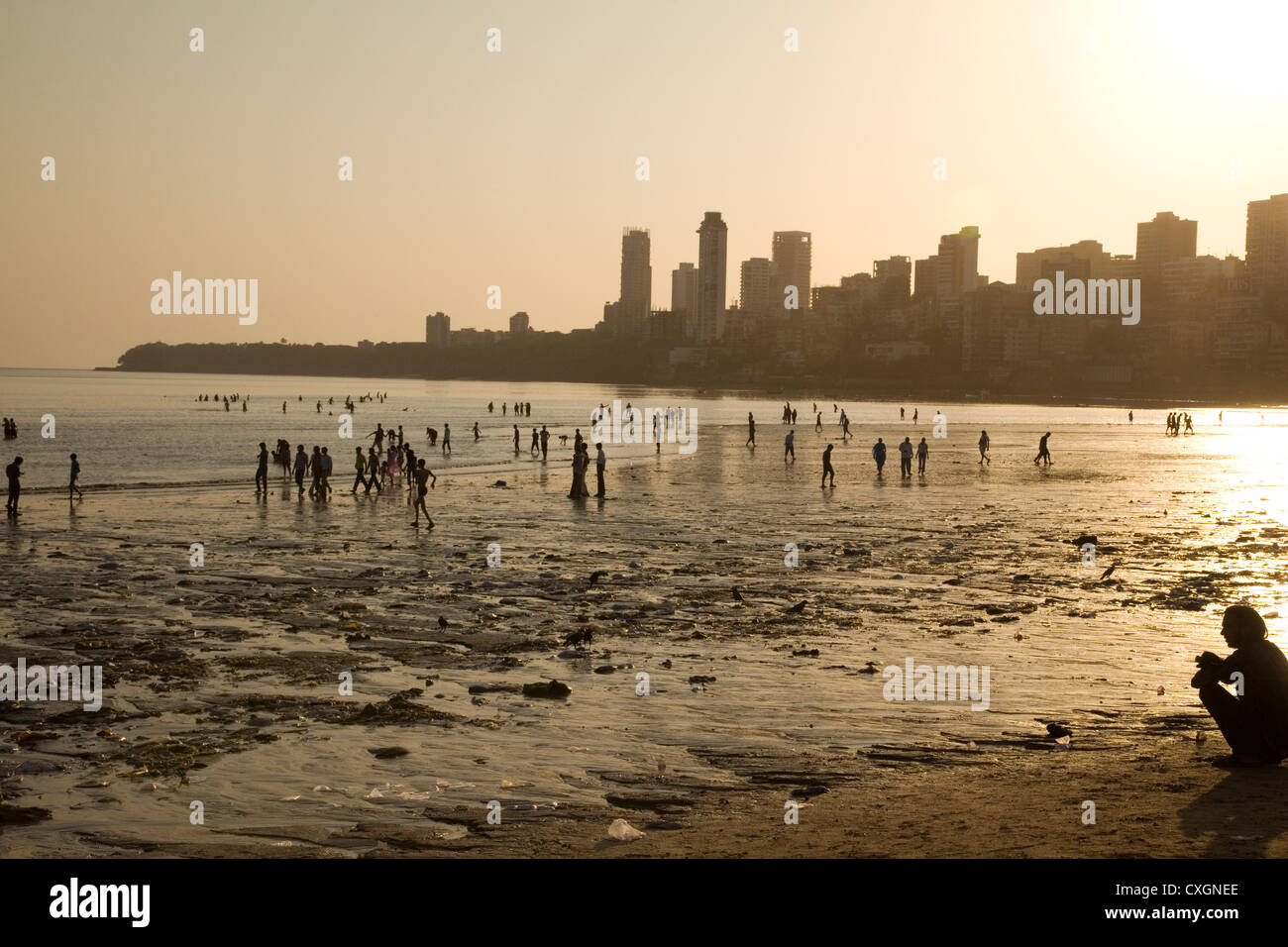 Chowpatty Beach at sunset, Mumbai, India. Stock Photo