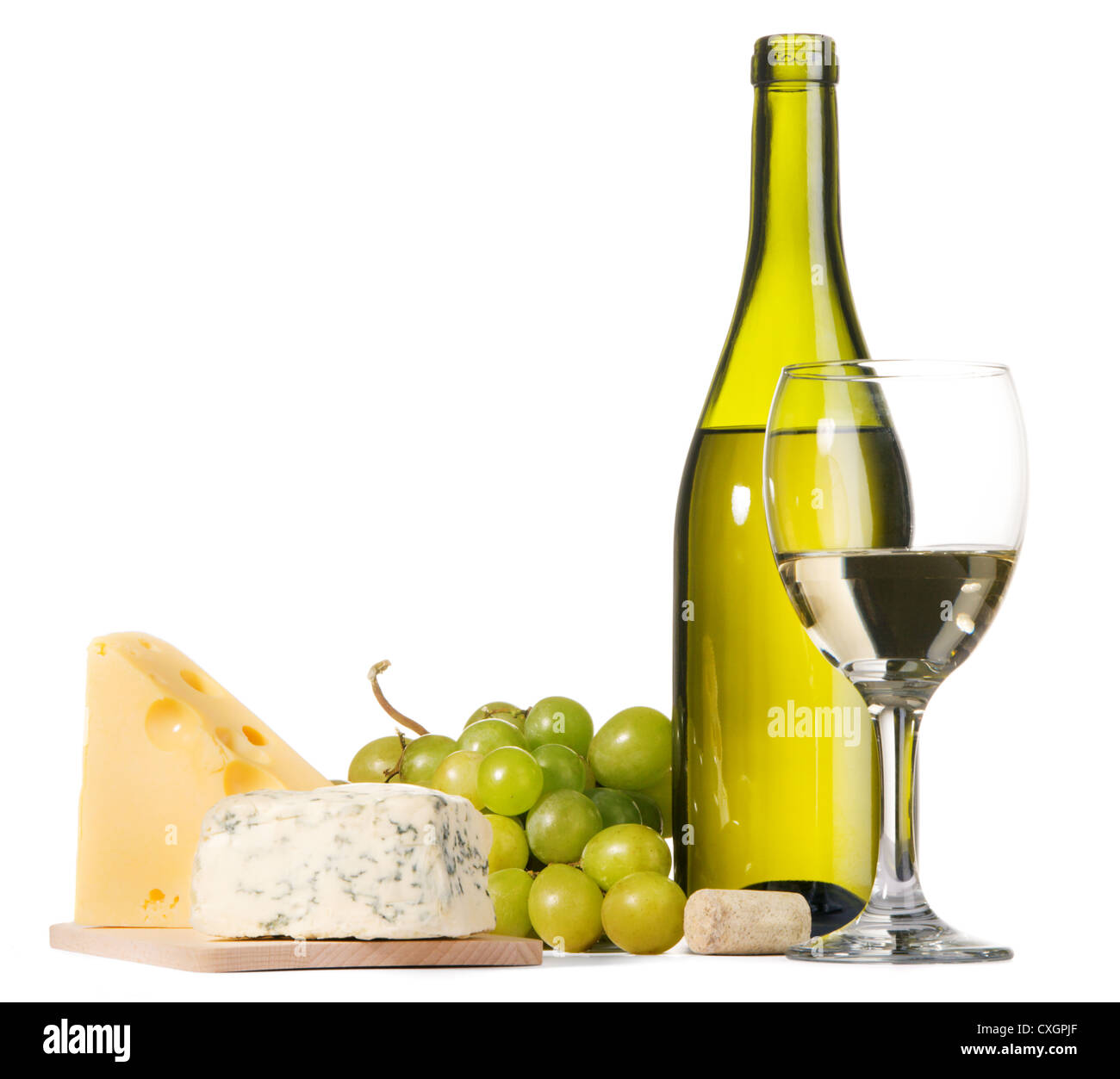 White wine and different sorts of cheese still-life Stock Photo