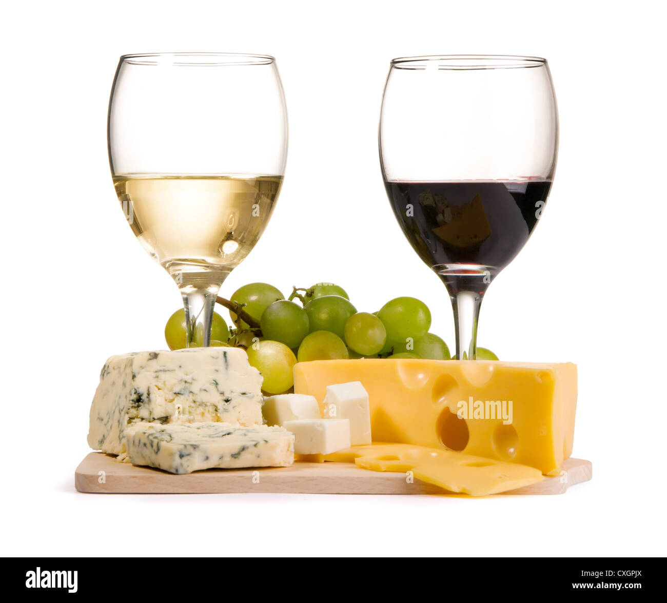 Cheese, white and red wine, isolated on white background Stock Photo