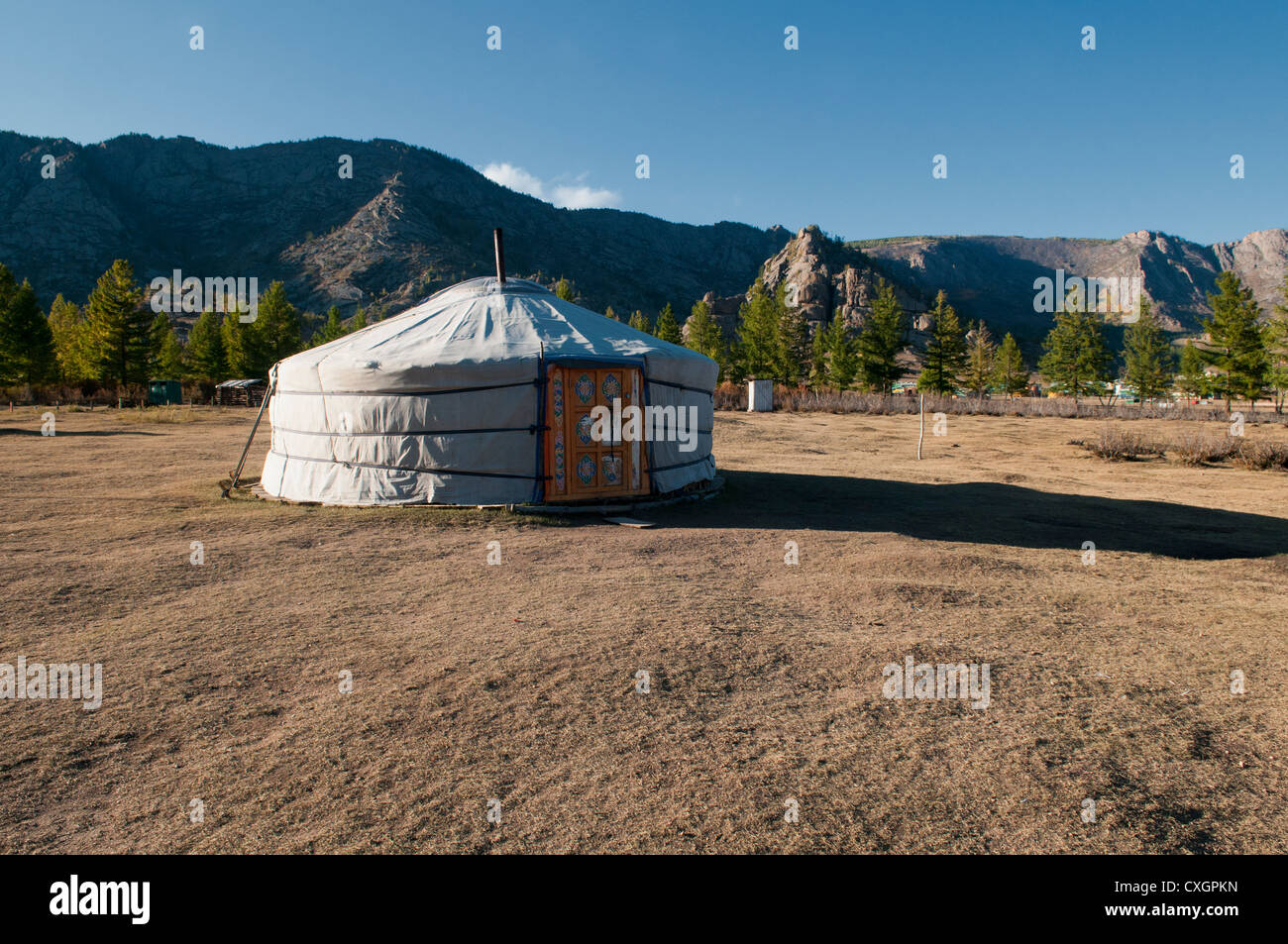 nomadic ger (yurt) on the steppe in Terelj National Park in Mongolia Stock Photo