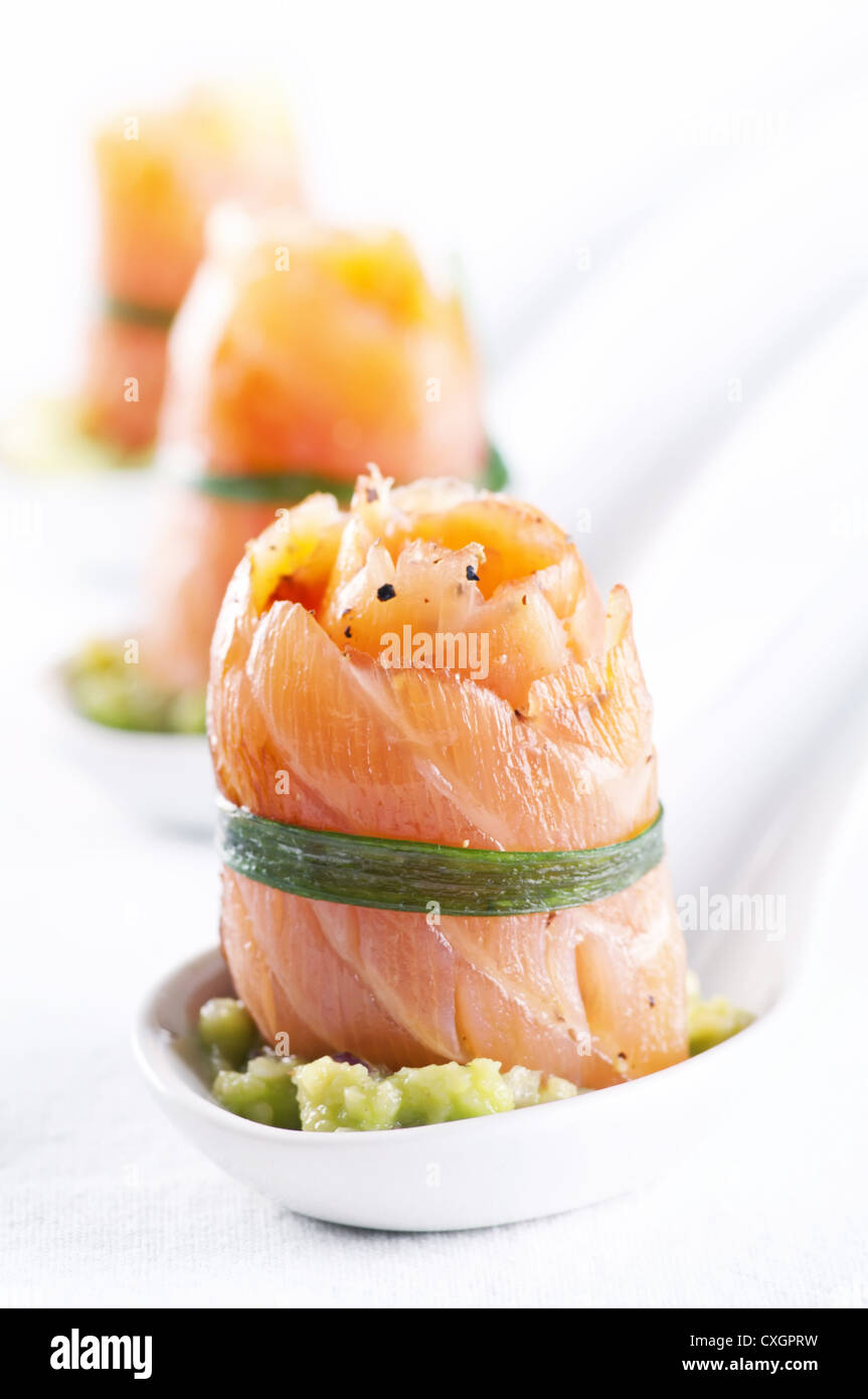 Snack bar with salmon rolls Stock Photo