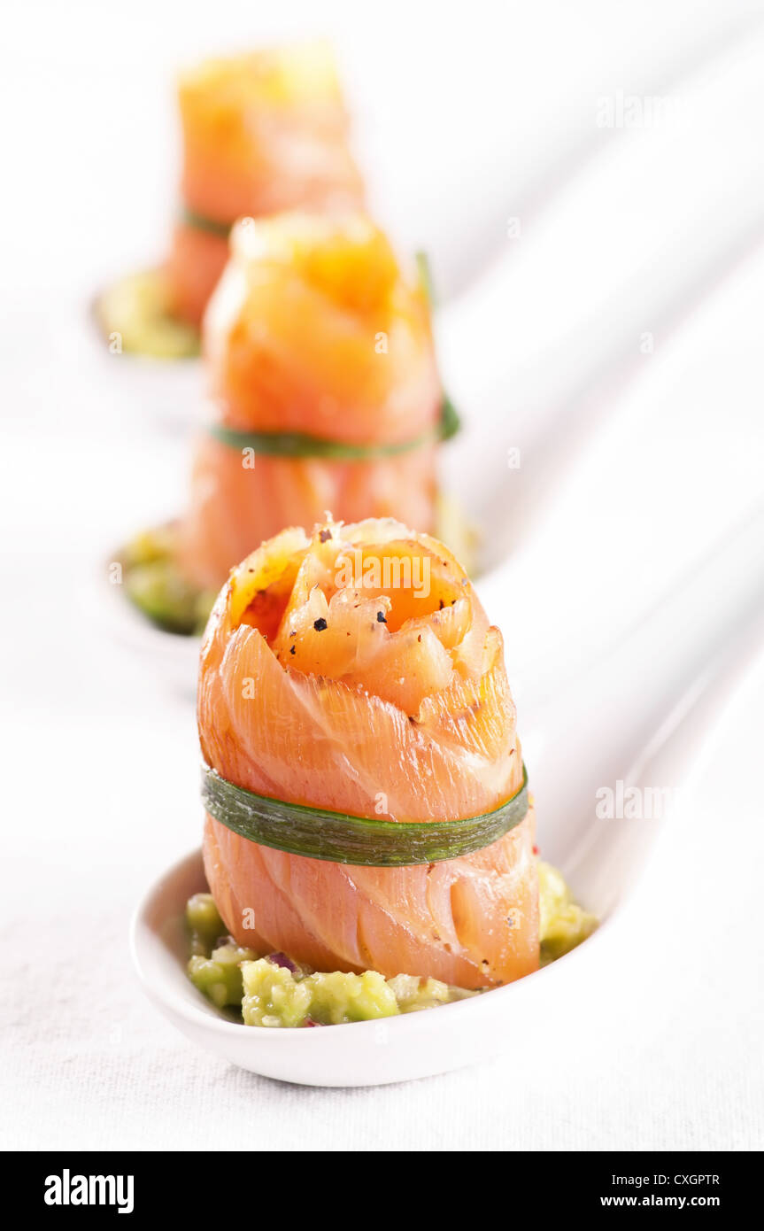 Tapas with Salmon with avocado cream Stock Photo