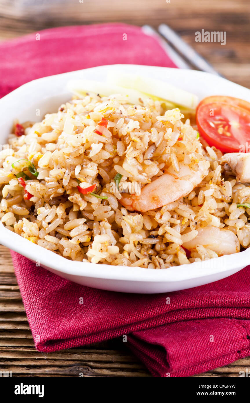 Fried Rice with shrimps and chicken Stock Photo