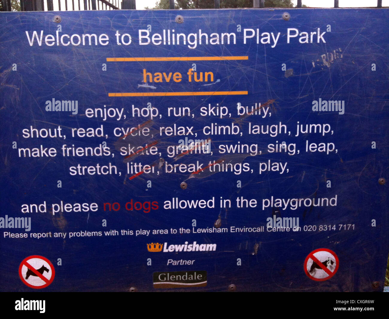 Sign on playground Play Park in Lewisham telling children what activities they can do Stock Photo