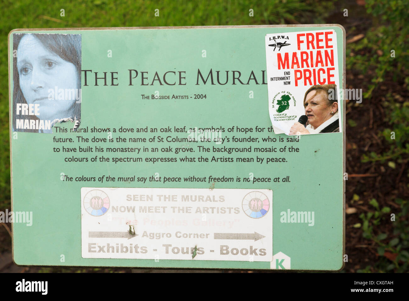 Peace Mural information board with Free Marian Price posters in Bogside, Derry, Co Londonderry, Northern Ireland, UK Stock Photo