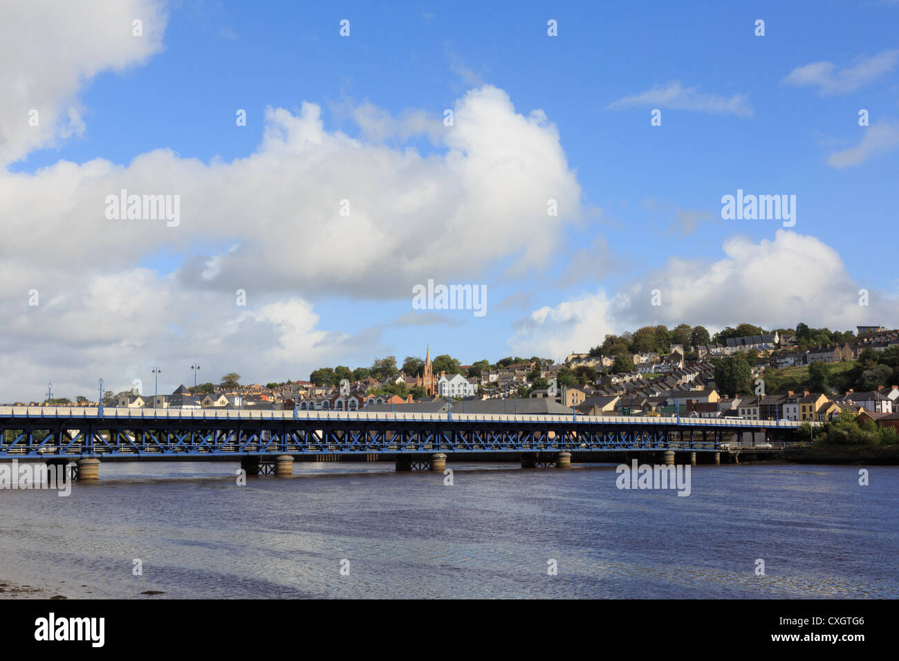 Craigavon double-decker road bridge and view across River Foyle to east side of Derry city Co Londonderry Northern Ireland UK Stock Photo