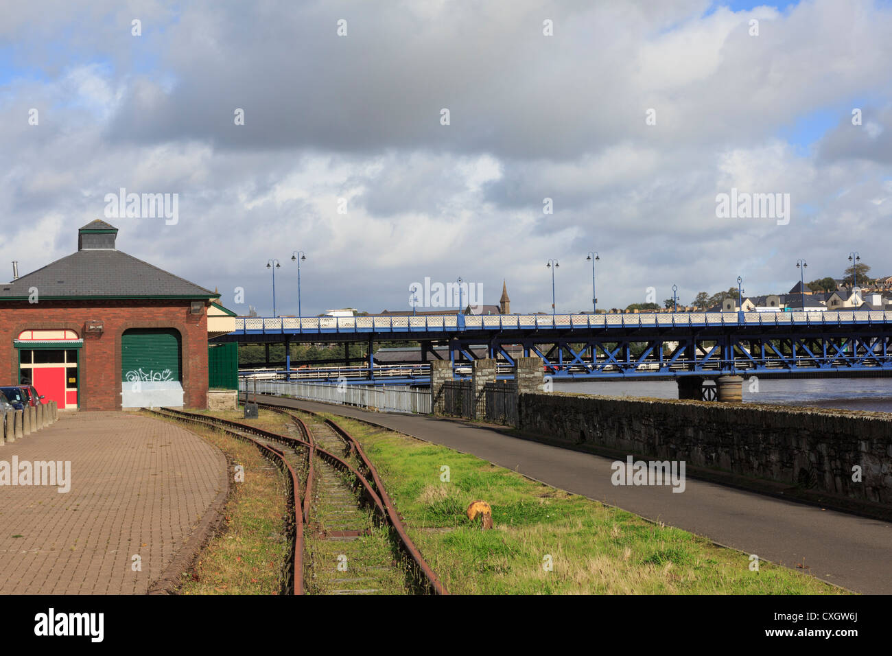 Railway museum by River Foyle and Craigavon bridge in Derry, Co Londonderry, Northern Ireland, UK Stock Photo