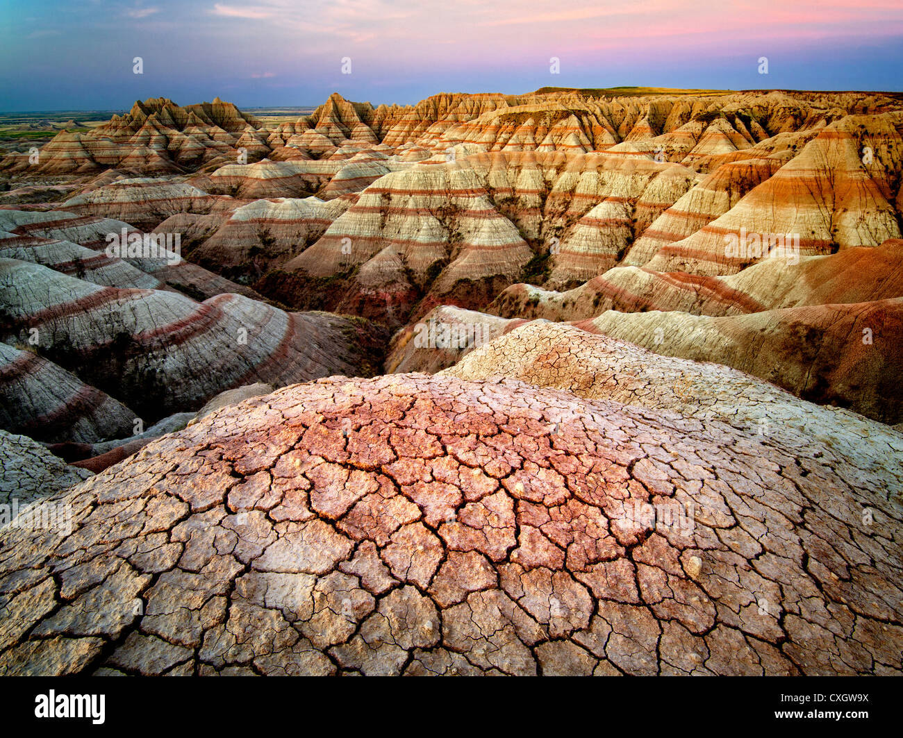 Eroded and cracked rock and mud formations. Badlands National Park. South Dakota formations. Stock Photo
