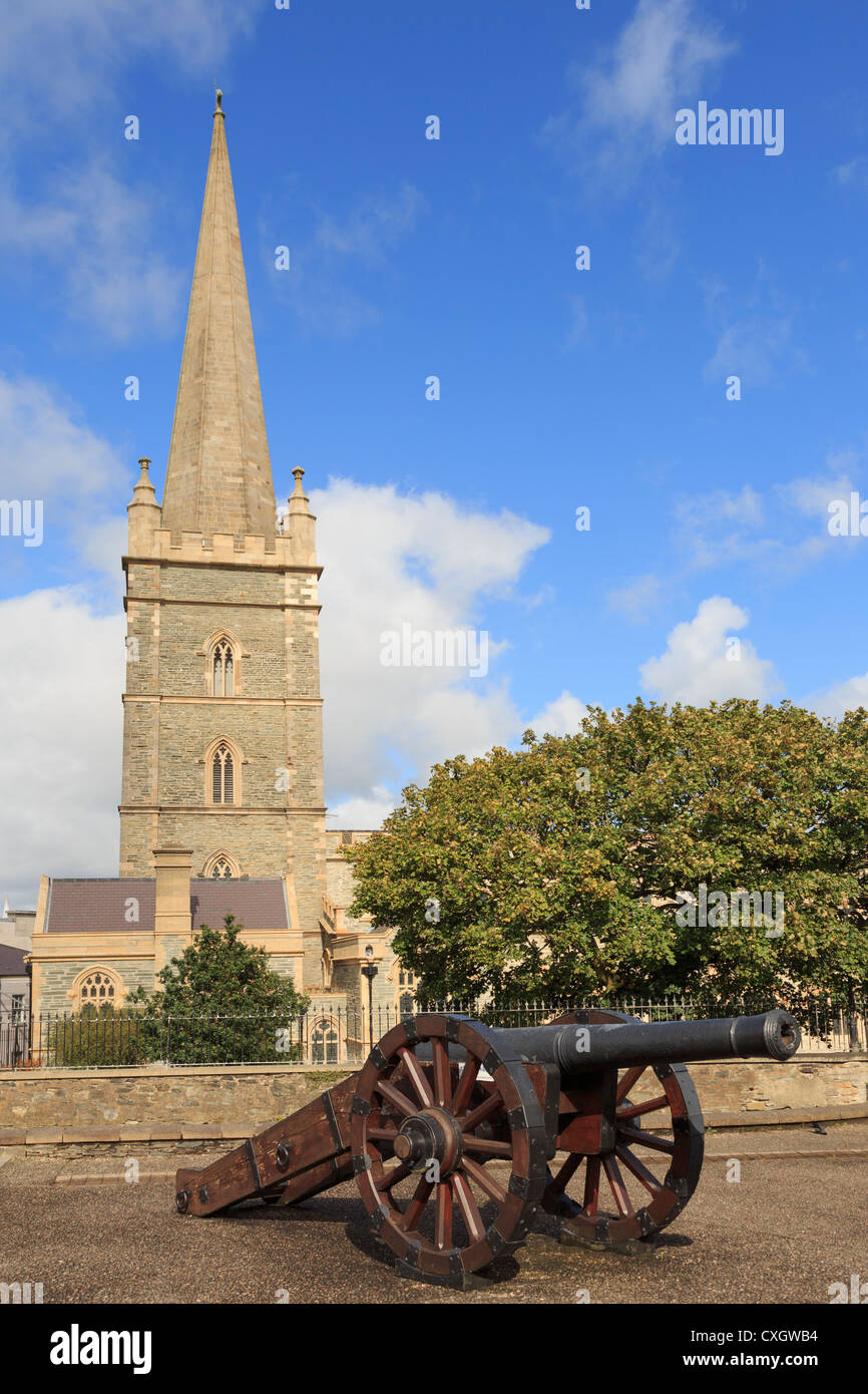 Cannon on walls by Saint Columb's Cathedral church spire inside walled city of Derry Co Londonderry Northern Ireland UK Stock Photo