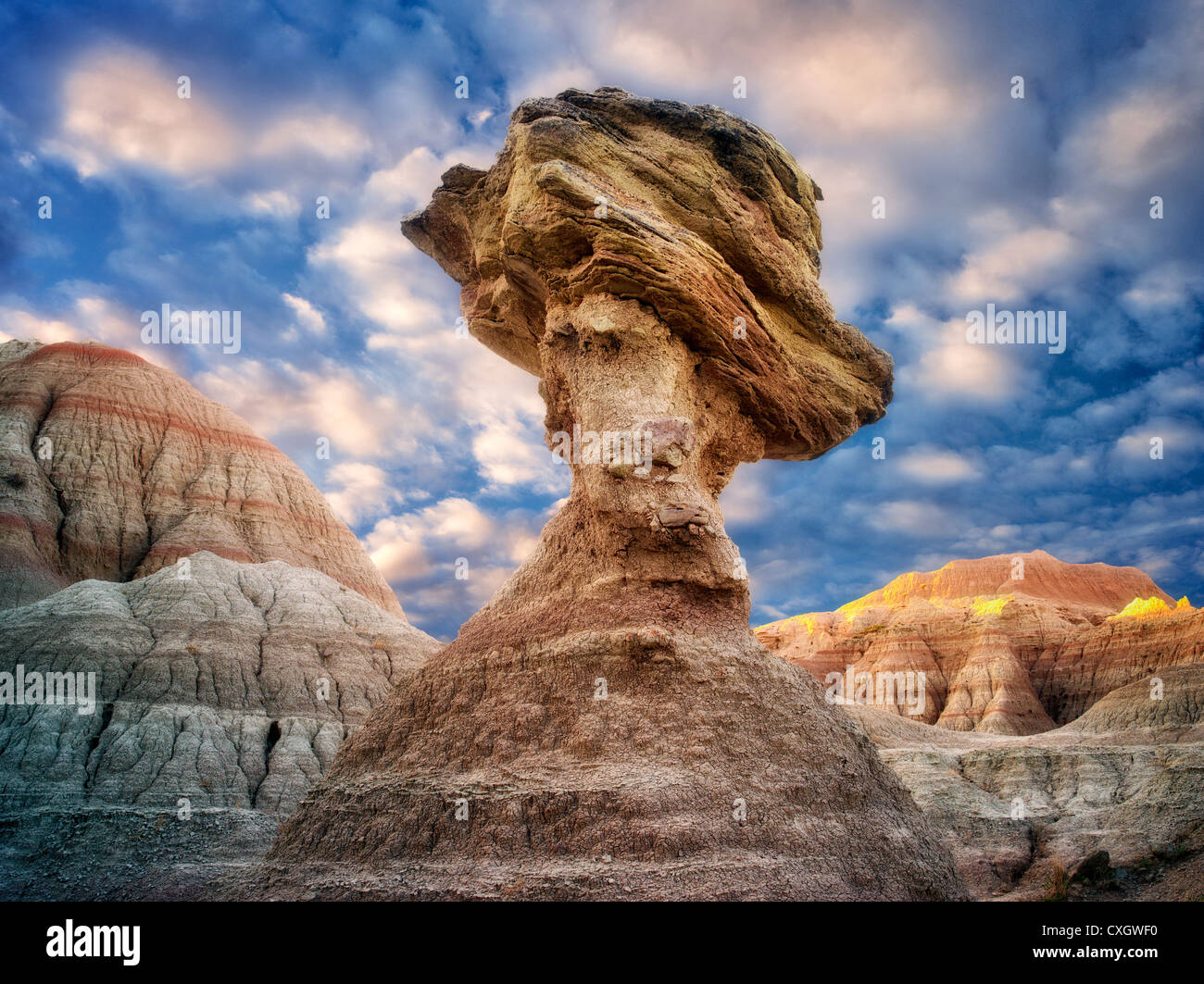 Balancing rock. Badlands National Park. South Dakota Stock Photo