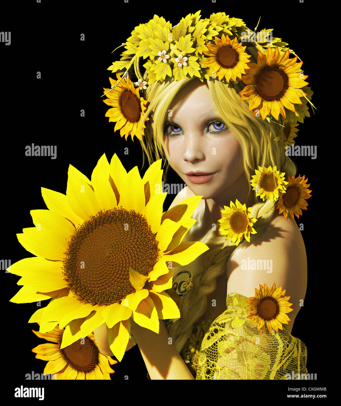 a portrait of a young girl with sunflowers Stock Photo - Alamy