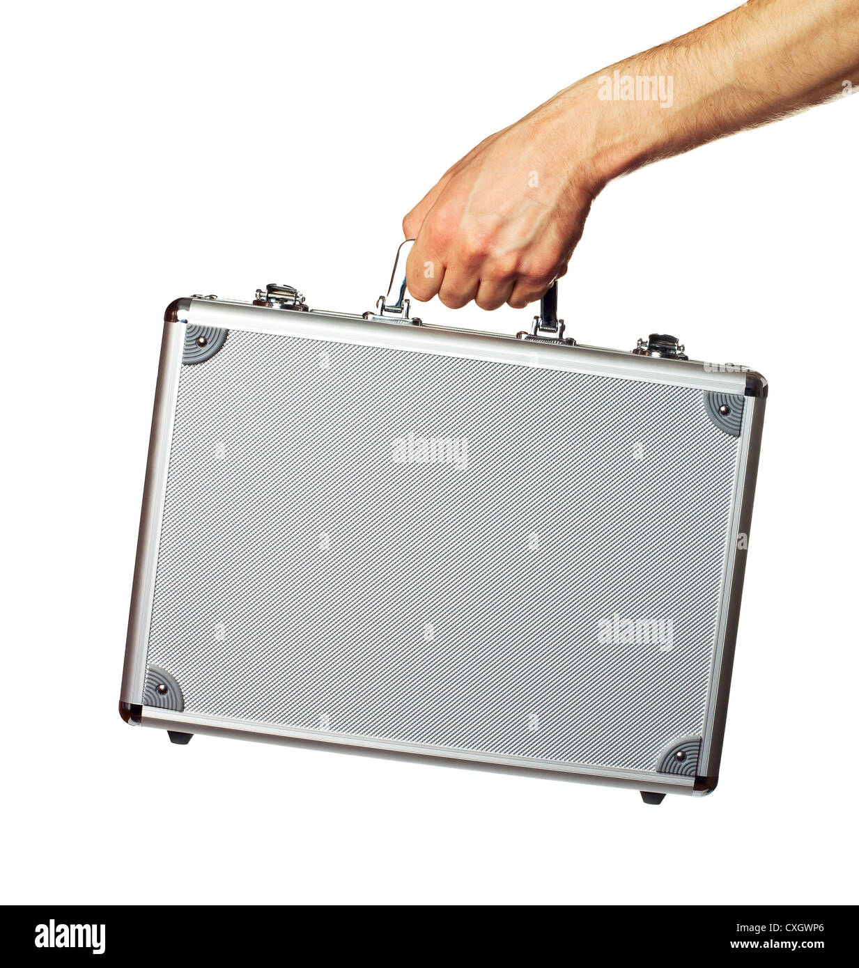 Silver metal briefcase in hand. Isolated on white Stock Photo Alamy