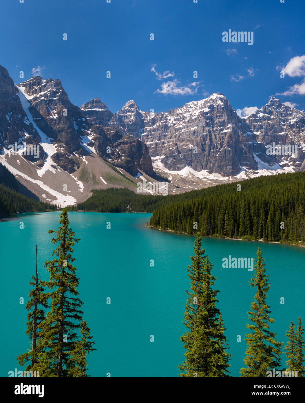 ALBERTA, CANADA - Moraine Lake, a glacial lake in Banff National Park. Stock Photo