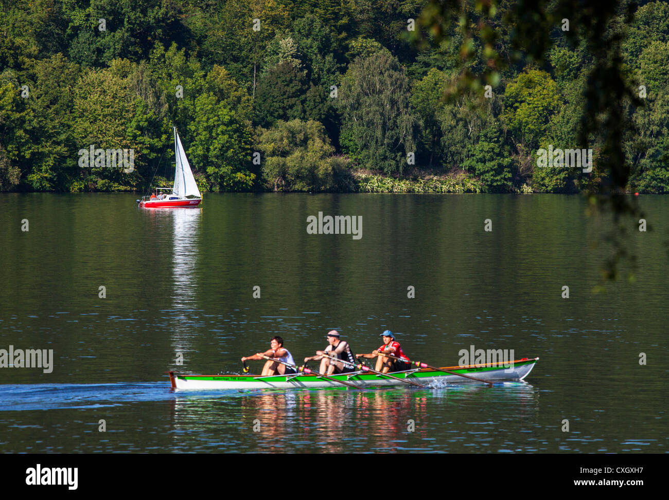 Water sport activity on Baldeneysee lake, a reservoir of river Ruhr