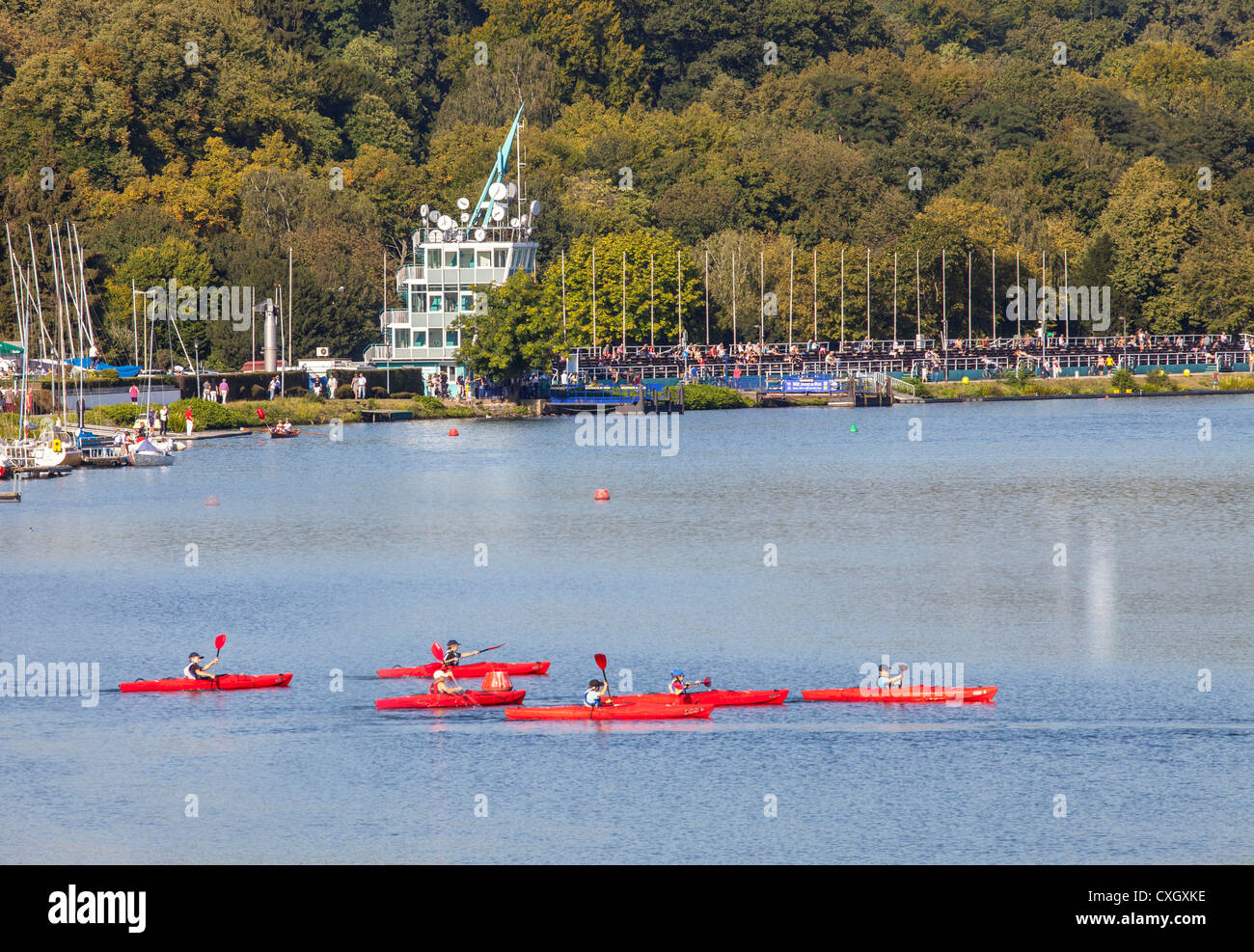 Water sport activity on Baldeneysee lake, a reservoir of river Ruhr