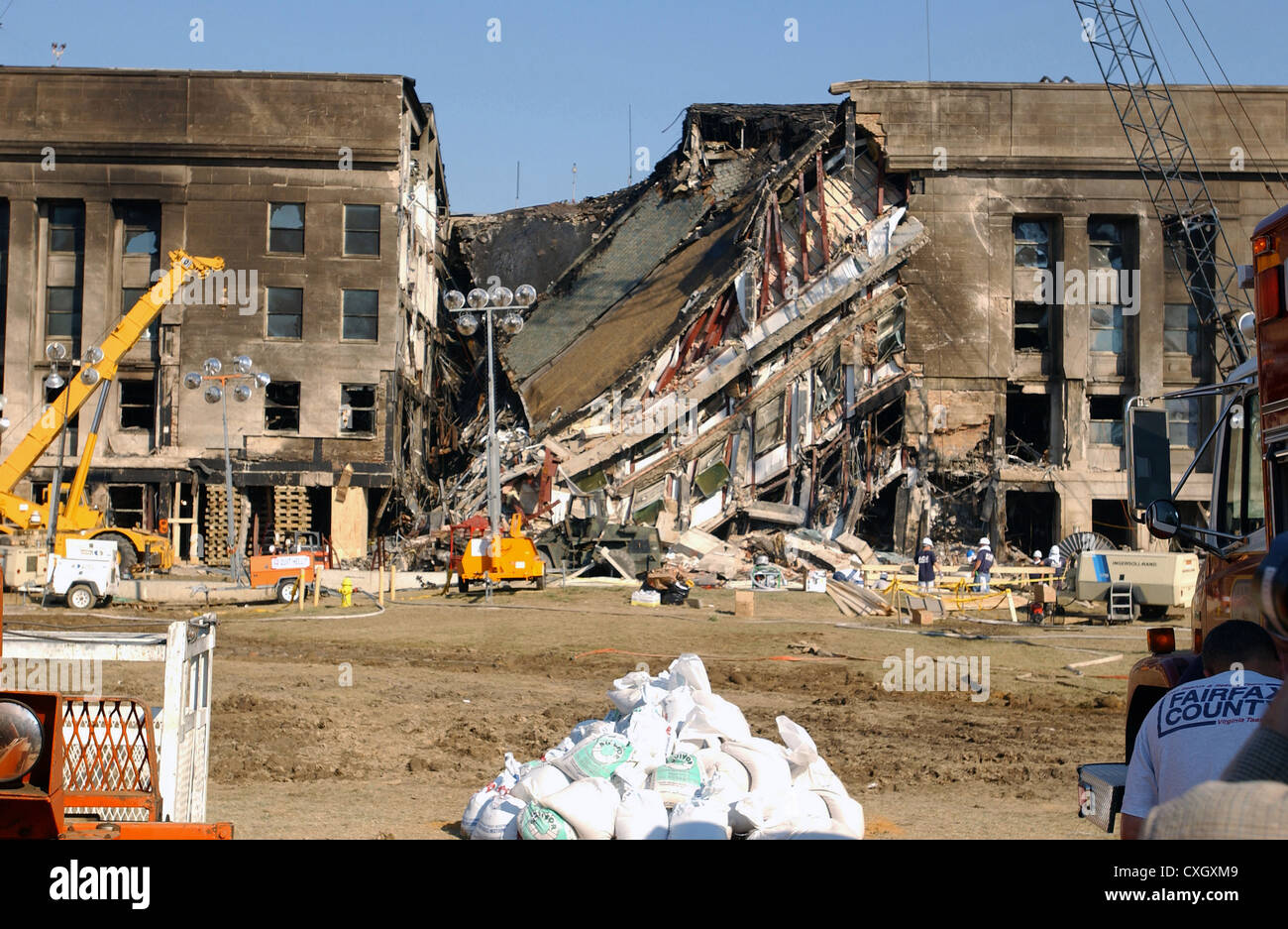 Collapsed section of the Pentagon destroyed by a terrorist attack as recovery efforts continue September 13, 2001. On September 11th American Airlines Flight 77 hijacked by terrorists fly into the building killing all 64 passengers onboard and 125 people on the ground. Stock Photo