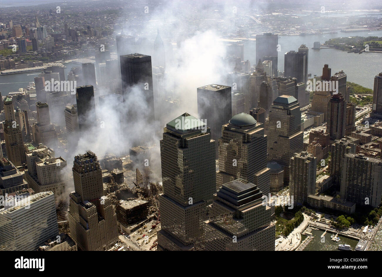 An Aerial View Of The Destruction By Terrorists Of The World Trade ...