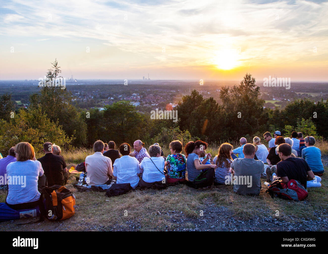 Picnic during an open air concert, spectators, on Halde Haniel, a stone heap, Bottrop, Germany. Stock Photo