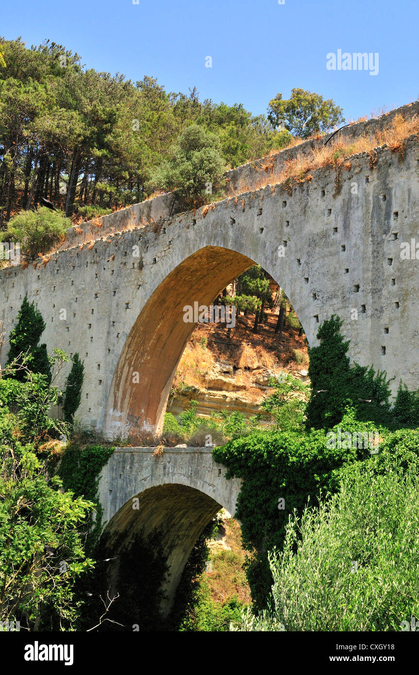 The Two Tiered  Venetian Aquaduct ruins of (Agia Irini that crosses The Knosano Gorge or gorge of Saint Irini ) near Knossos,Crete, Greece Stock Photo
