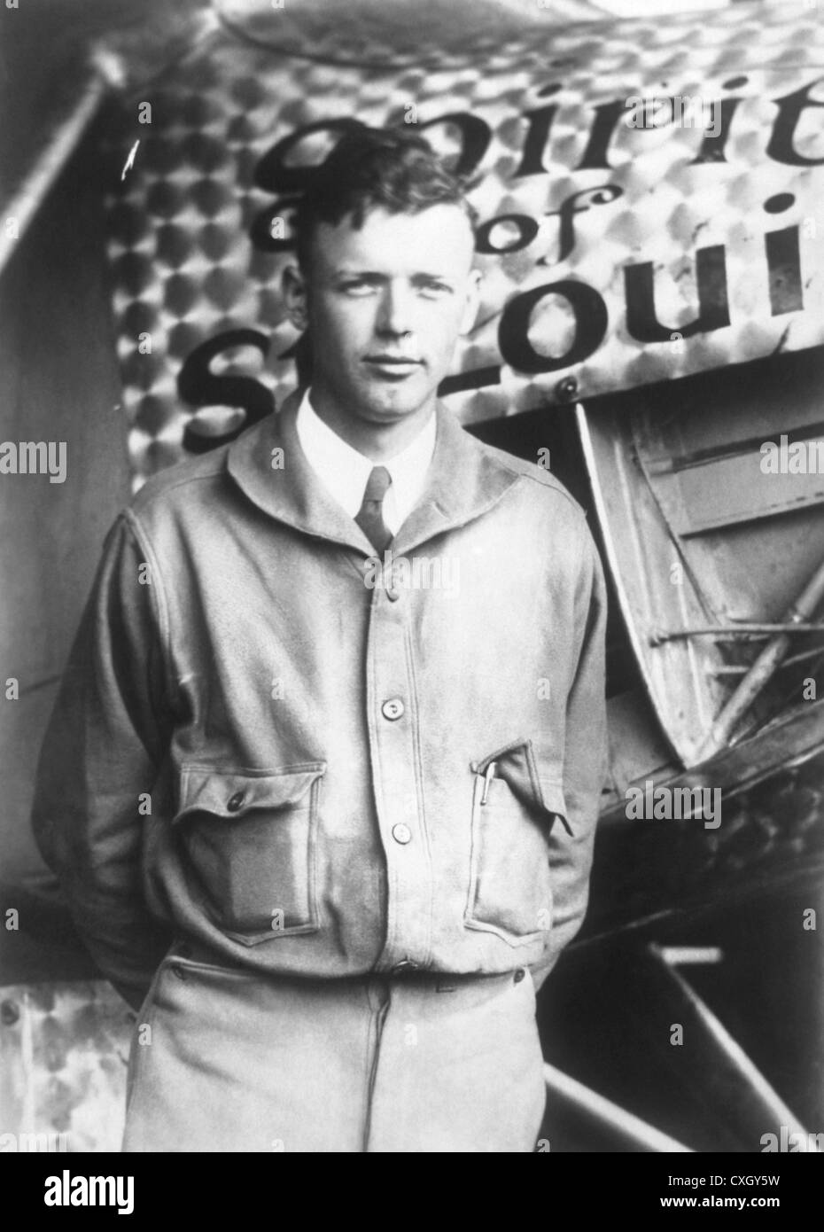 Photograph of Charles A. Lindbergh with his Plane-Spirit of St.Louis, May 1927 Stock Photo