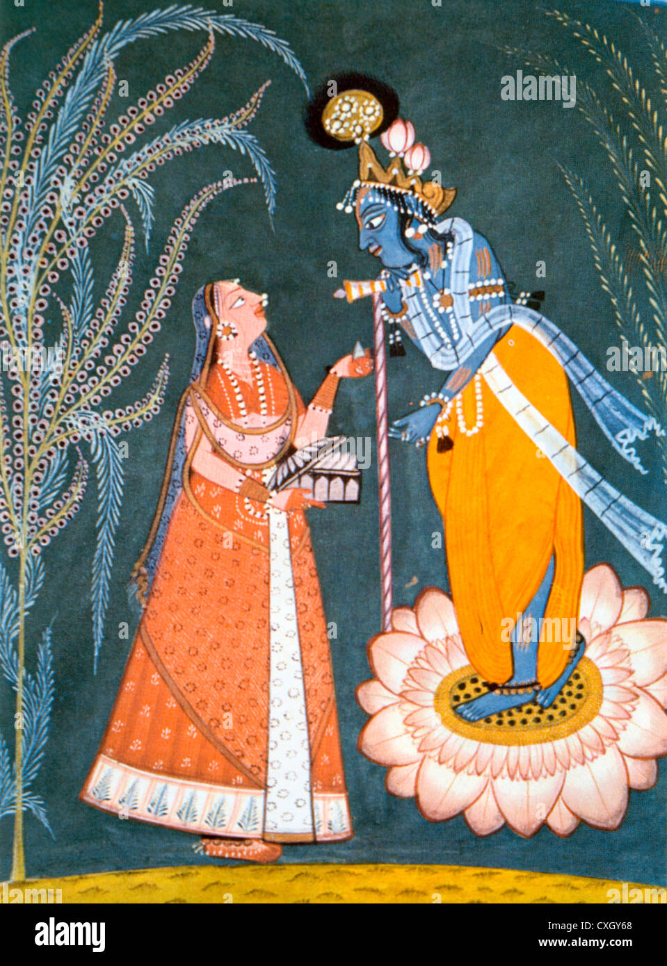 Miniature Painting of Radha Visiting Krishna at Night-Early 18th Century Stock Photo