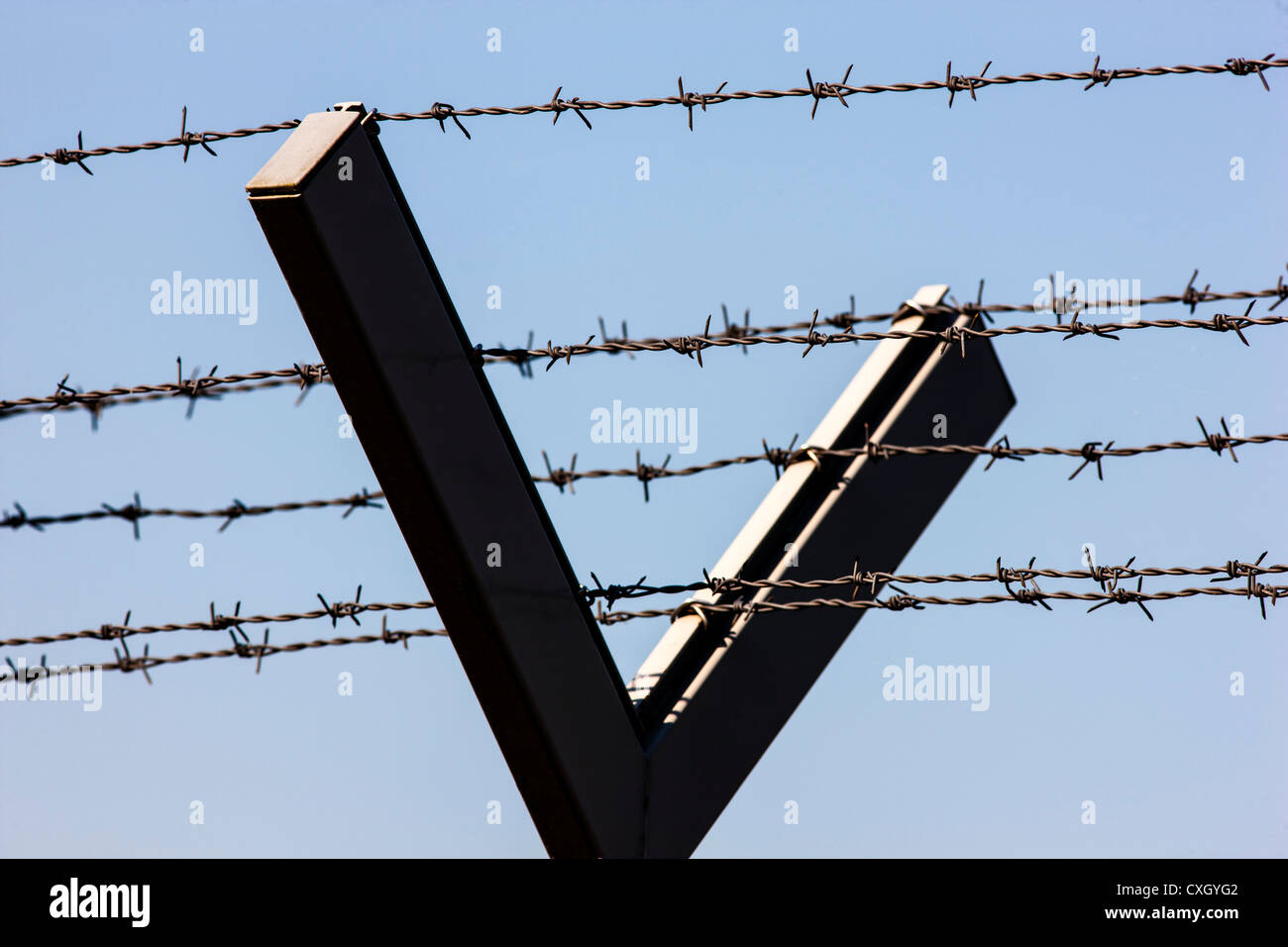 Barbed wire, to protected an area. Iron, metal fence with razor wire on top. Stock Photo