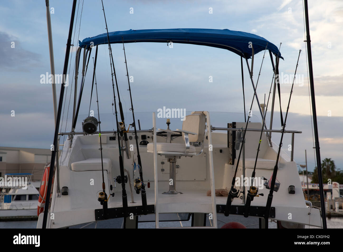 flybridge on a charter fishing boat in early morning light key west florida usa Stock Photo