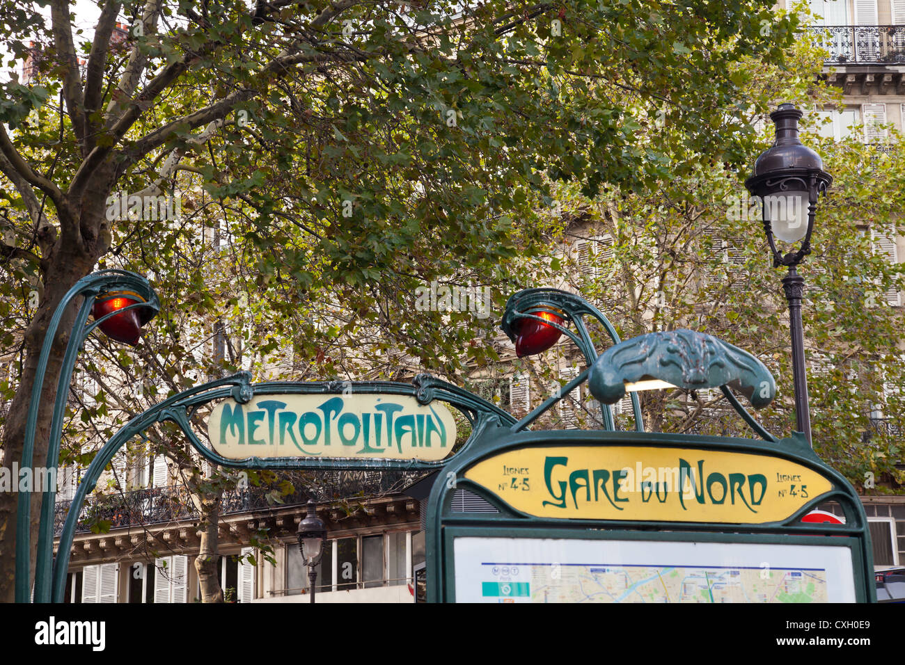 Iconic Art Nouveau Metropolitain (Métro) sign, 1900m, by Hector Guimard (1867 – 1942) at the Gare du Nord Métro entrance. Stock Photo