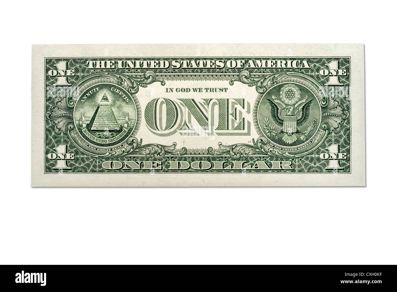 dollar bill, One-Dollar-Bill, backside, US-Dollar, isolated on 100% white Stock Photo