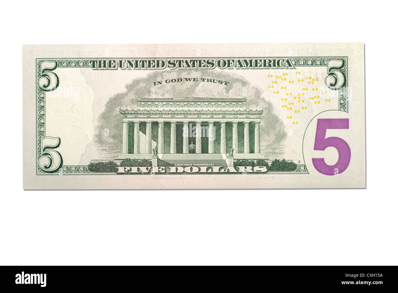dollar bill, Five-Dollar-Bill, backside, US-Dollar, isolated on 100% white Stock Photo