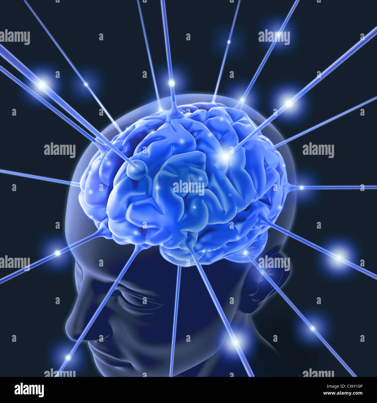 Brain connected by wires receiving energy pulses. Stock Photo