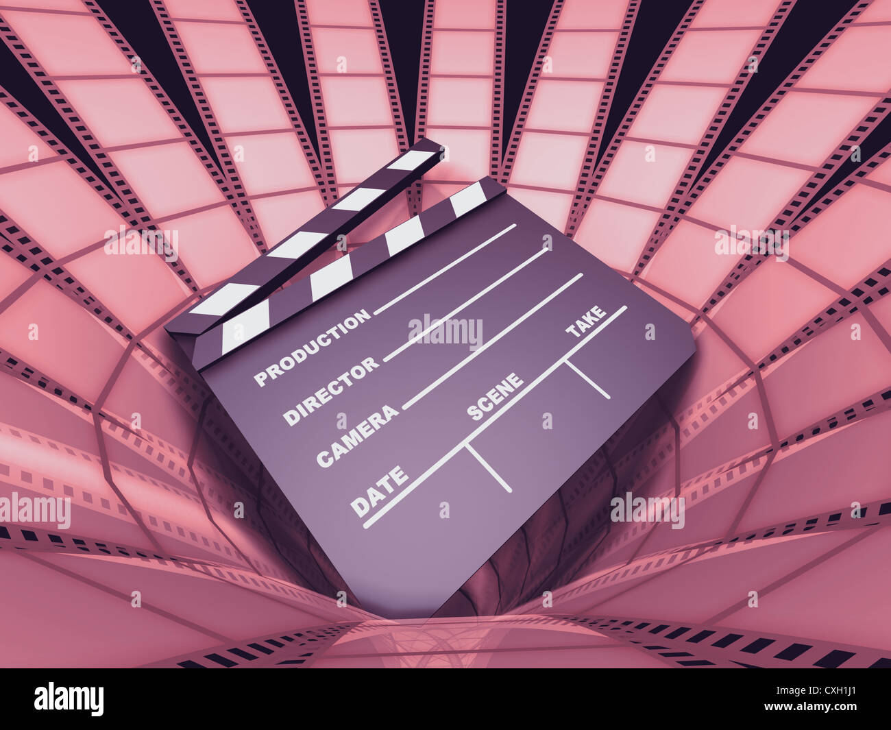 Clapboard in the middle of a lot of film strips. Stock Photo