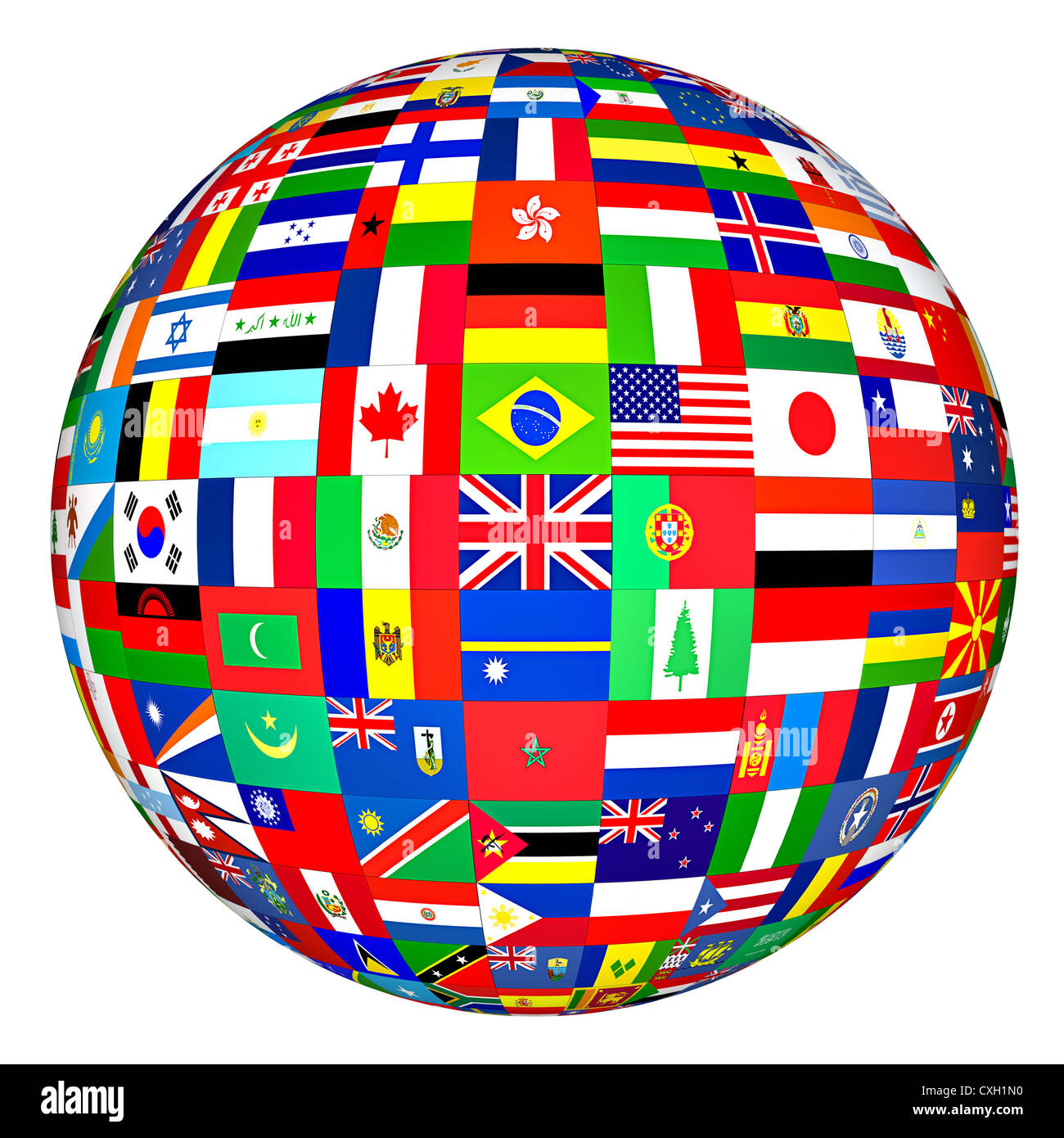 Globe On White Background With Flag Of Various Countries Stock Photo