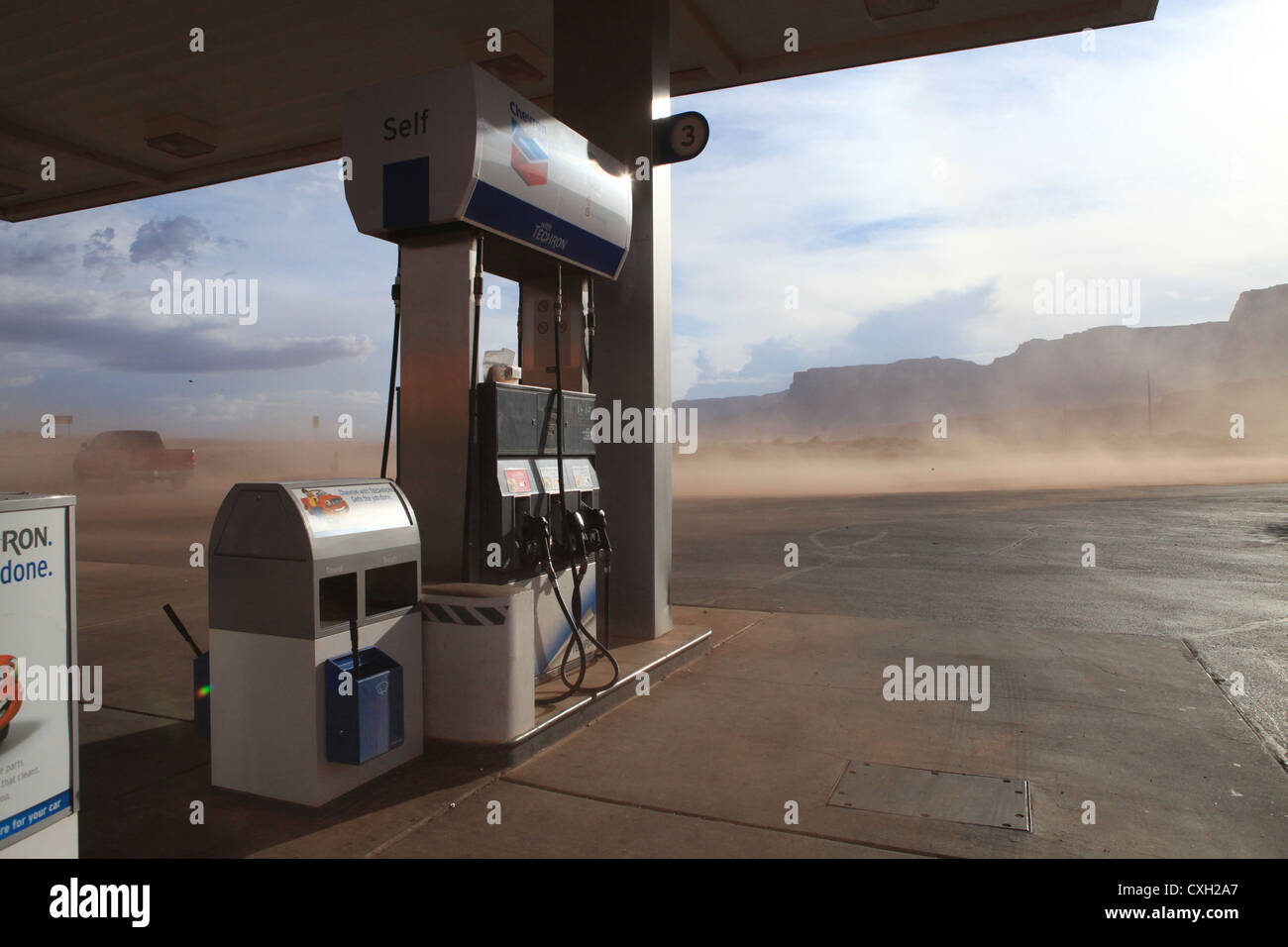 Chevron gas station in north of Grand canyon national park in sandstorm