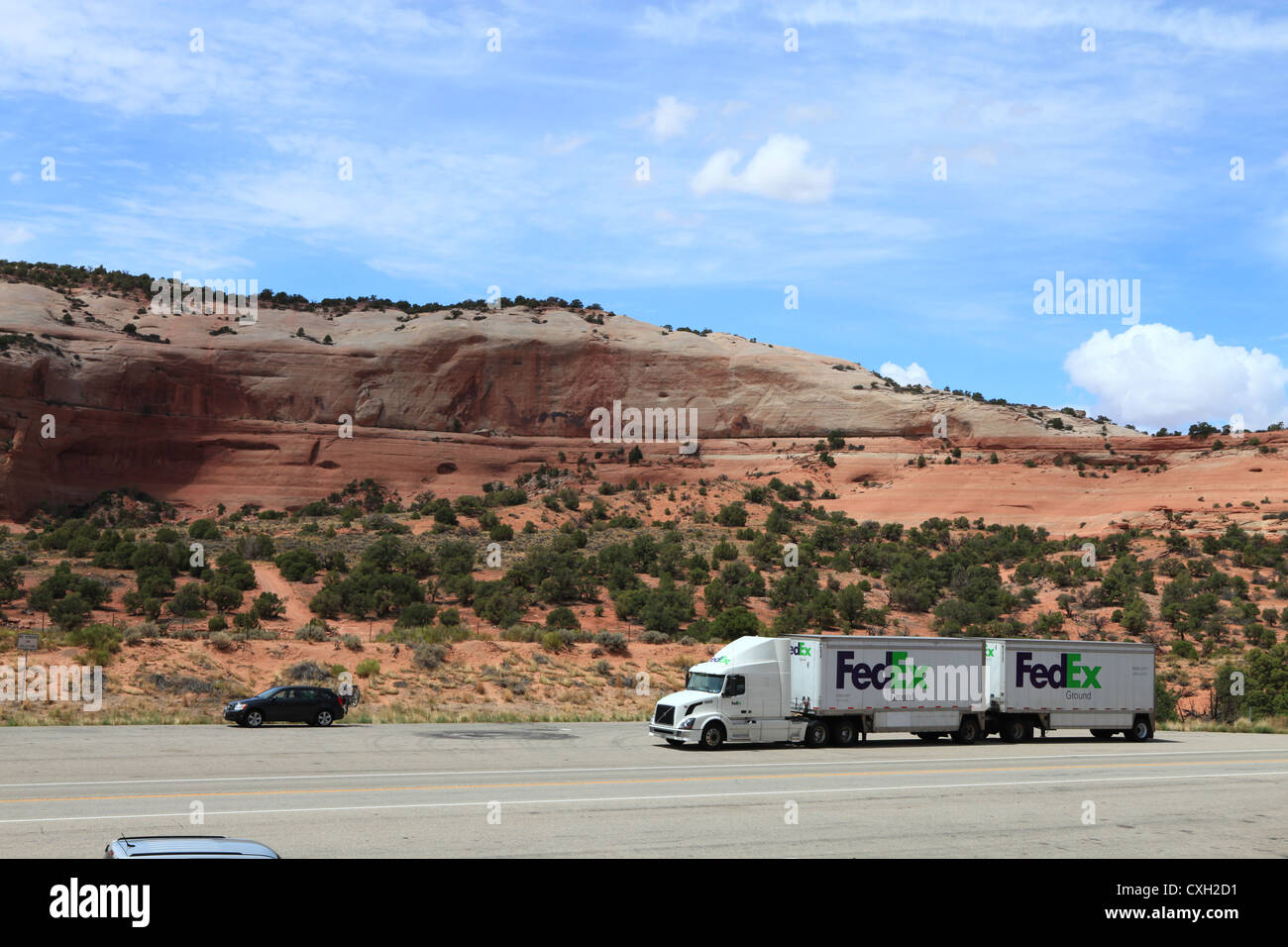 Fedex truck on highway in Moab, Utah, US Stock Photo