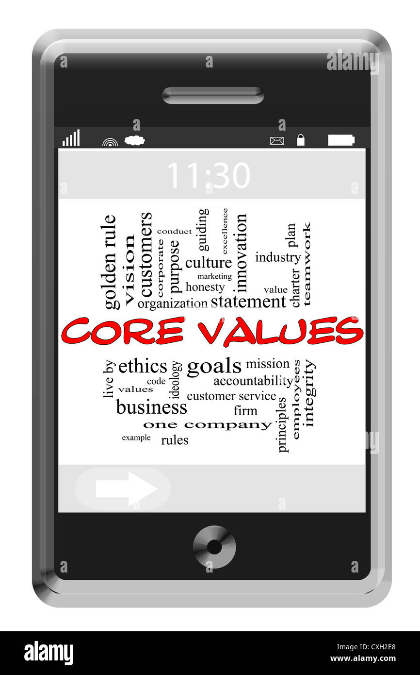 Core Values Word Cloud Concept of Touchscreen Phone with great terms ...
