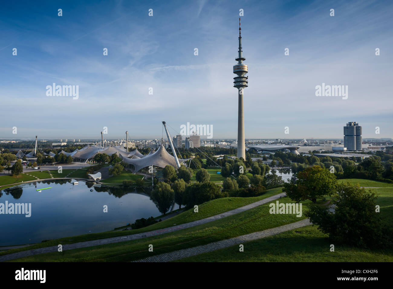TV tower, Olympia Tower and Olympiahalle in Olympic Park, with the BMW building in the background, Munich, Bavaria, PublicGround Stock Photo