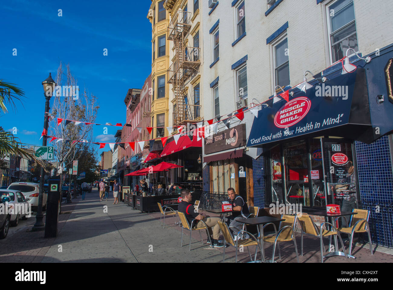Hoboken, New Jersey, USA, Street Scenes, Flats Above Stores, American Bistro Restaurant Bar, row of shops Stock Photo