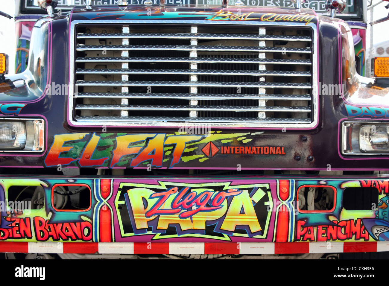 Brightly decorated public buses in Panama City, Panama, Central America Stock Photo