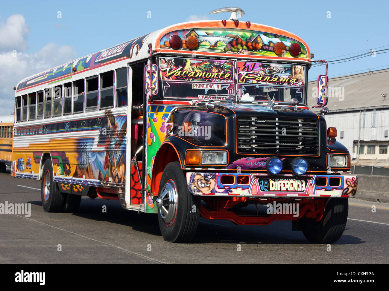 Brightly decorated public buses in Panama City, Panama, Central America Stock Photo
