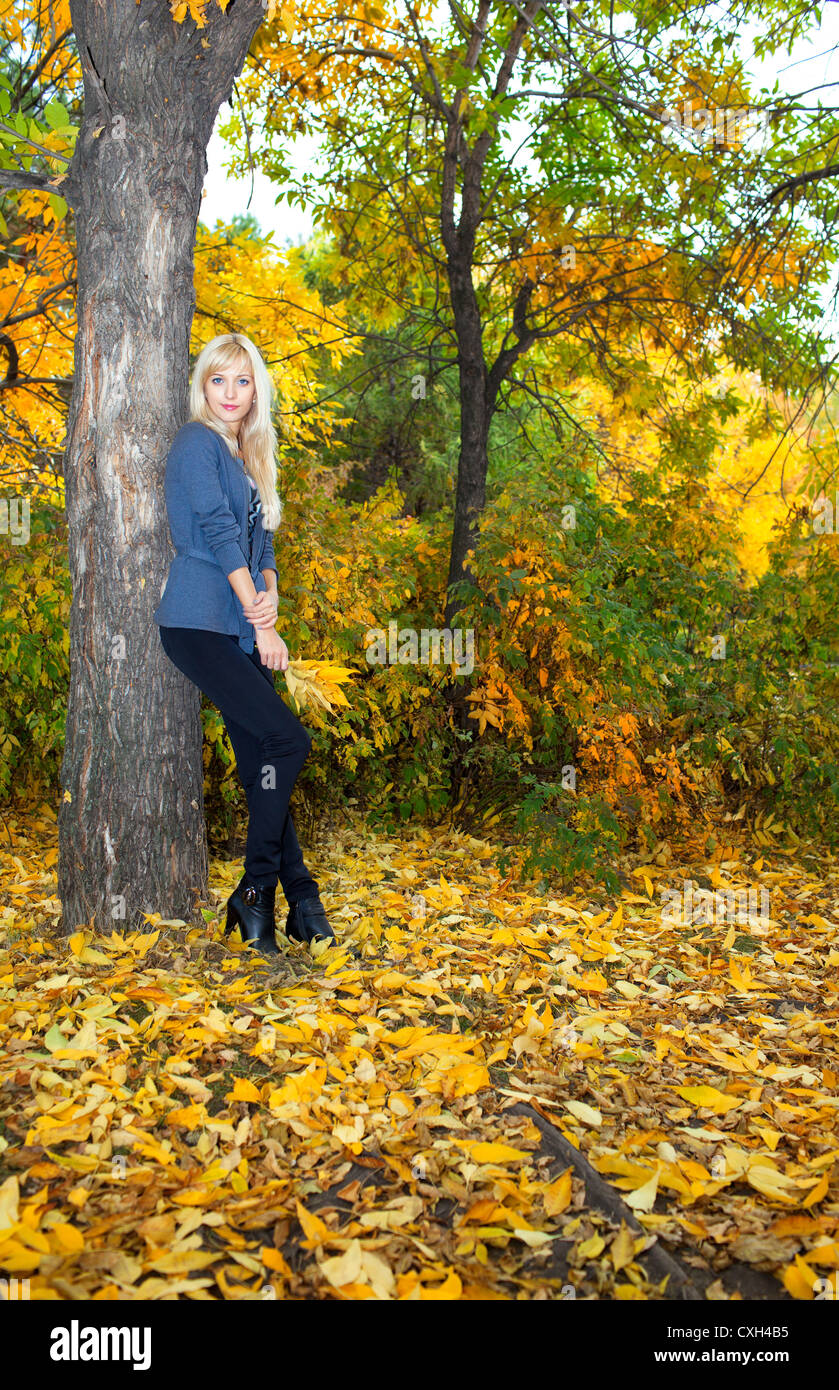 Young beautiful woman in autumn park Stock Photo - Alamy